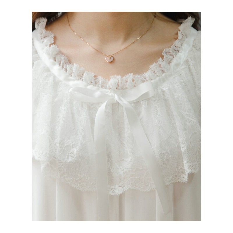 蕾丝睡衣白色中袖睡裙女公主夏秋宫廷风纯棉七分袖性感仙可外穿白色