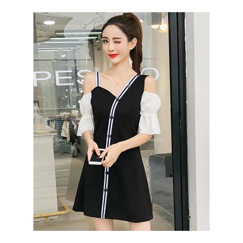 巨棉心机裙子设计感露肩连衣裙女夏2018新款韩版短款小个子a字裙黑色