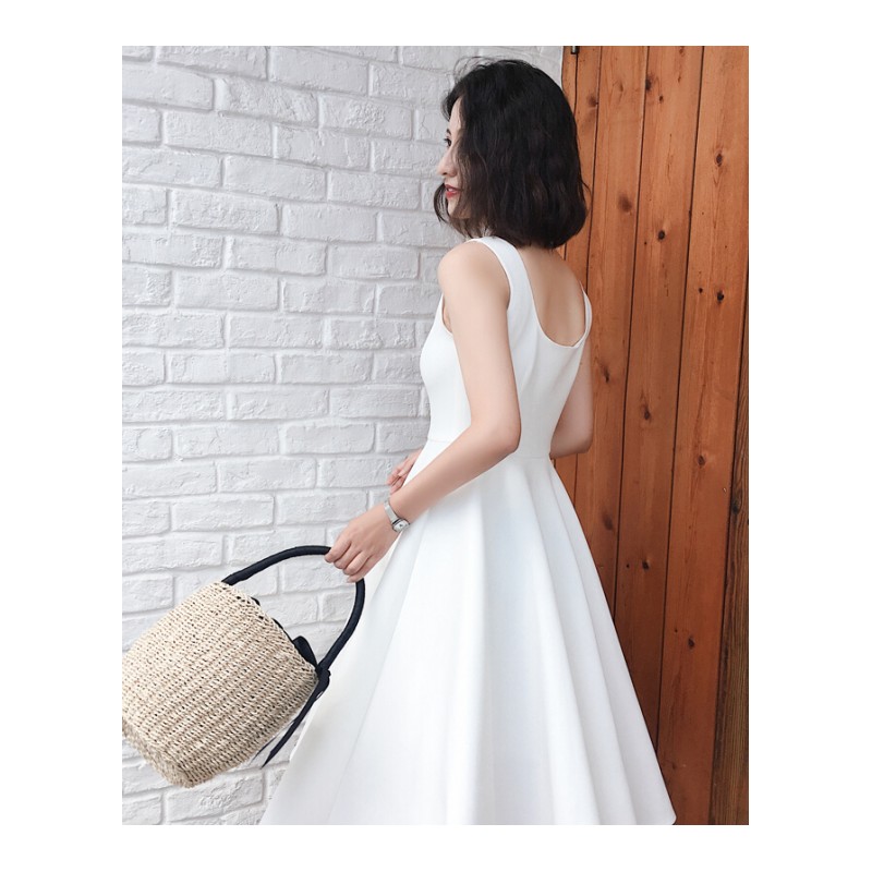 2018夏季新款礼服露肩长裙带连衣裙气质韩版白色裙子女伴娘裙仙白色