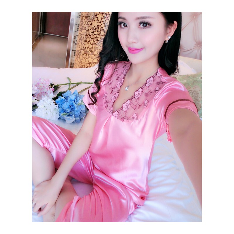 夏季短袖女士性感冰丝绸睡衣夏天中年妈妈家居服套装中老年加大码短袖168西瓜红M建议80-100斤