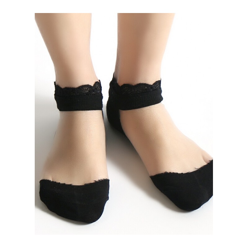 5双装防滑棉底丝袜短袜女蕾丝花边透明水晶袜玻璃丝黑色短筒袜子 黑色白丝5双(A) 均码(35-40)5双装