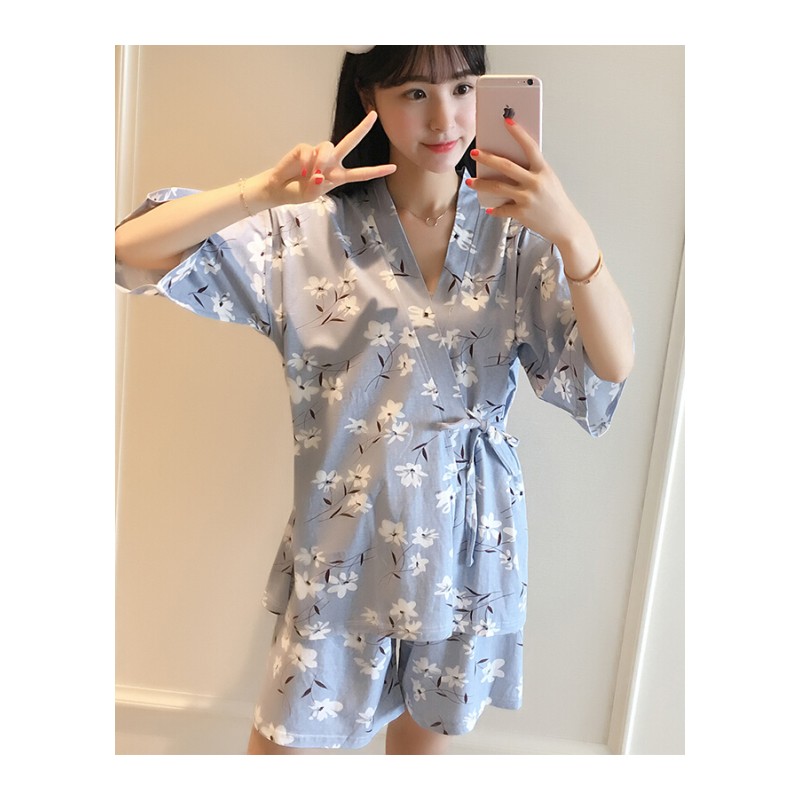 睡衣女士夏季纯棉短袖套装日式和服碎花甜美中学生韩版薄款家居服天蓝色和服三朵花