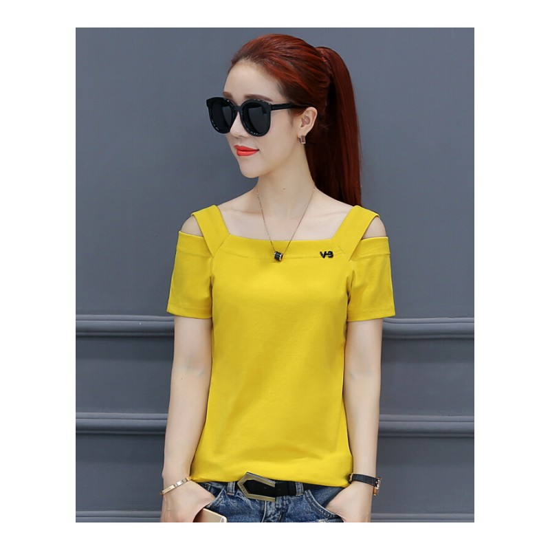 夏装T恤女装短袖韩版一字领宽松显瘦露肩纯棉体恤春秋打底衫上衣