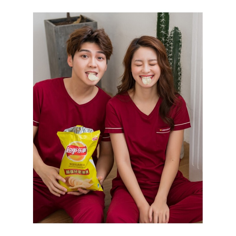 夏季薄款情侣睡衣短袖长裤纯棉新婚本命年红色结婚男女家居服套装酒红Y533女