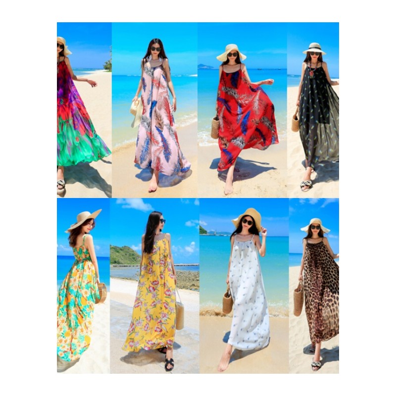 沙滩裙女夏2018新款大码显瘦波西米亚海边度假泰国雪纺长裙连衣裙