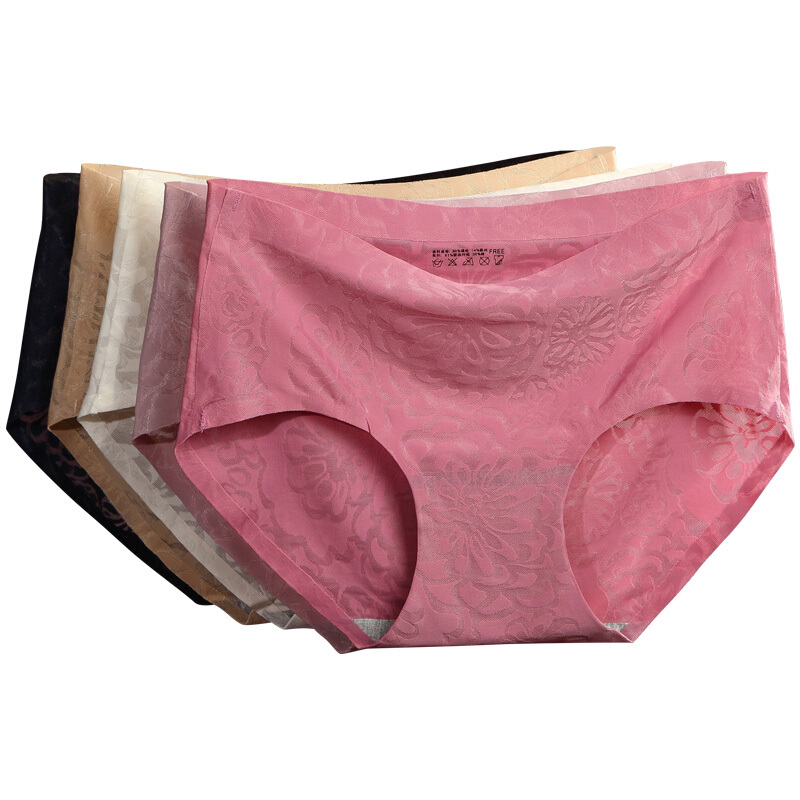 4条装女士无痕内裤中腰冰丝透气性感纯棉档蕾丝三角短裤头女大码