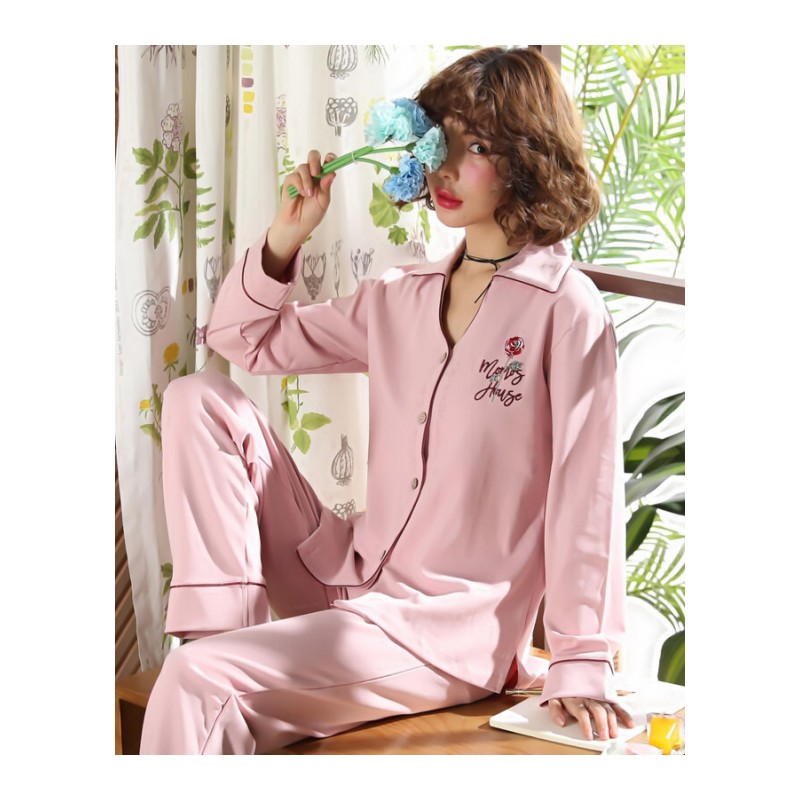 睡衣女春秋纯棉长袖可外穿薄款韩版大码全棉女士家居服两件套夏季棉19002女M码(现货!适合150-160CM,体重80-