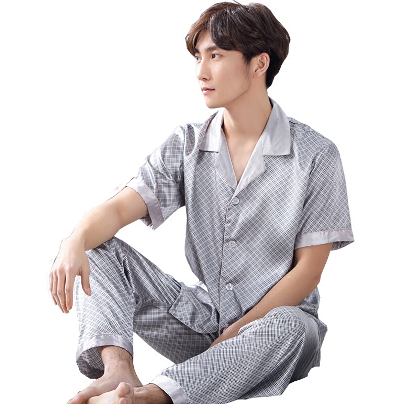 睡衣男士短袖长裤薄款春夏季真丝绸纯色时尚秋冰丝长袖青年家居服黑色309#主图款M码适合80-110斤