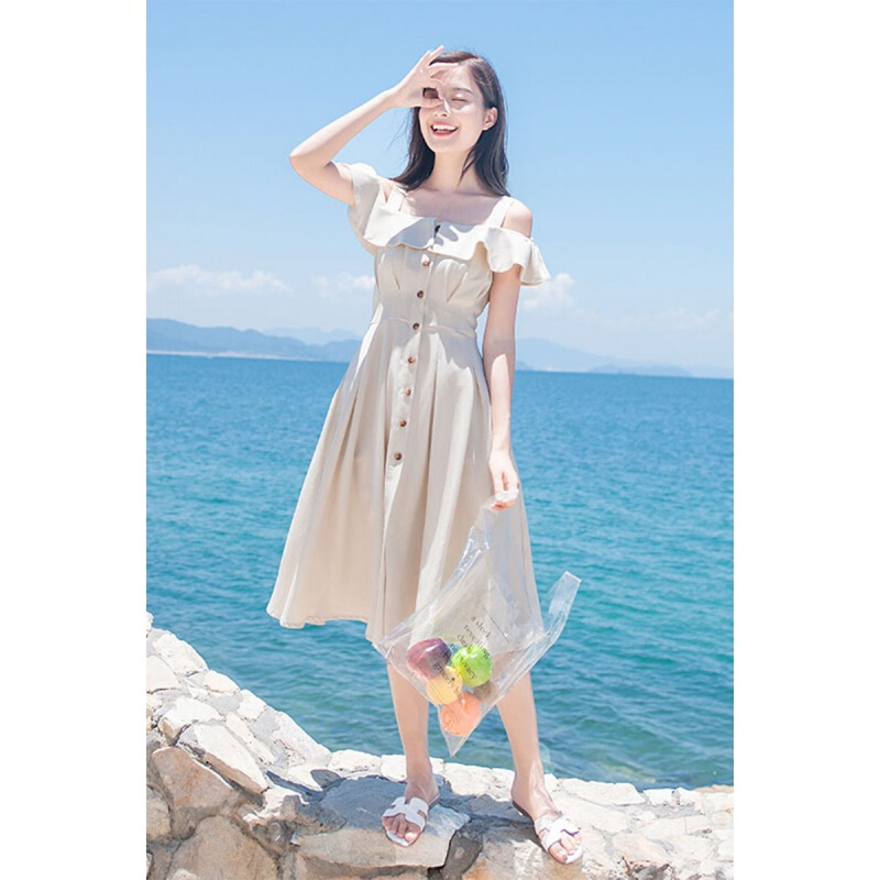 连衣裙女夏2018新款韩版带初恋裙一字肩超仙显瘦露肩冷淡风裙子米白色图片色