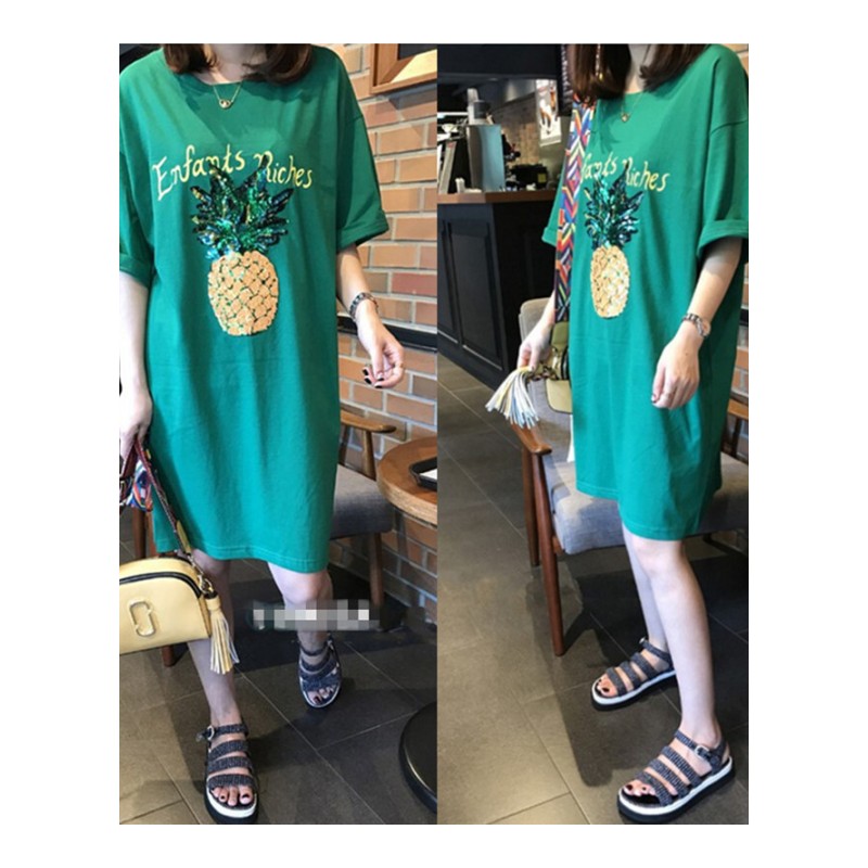 宽松大码中长款短袖棉T恤女2018夏季新款学生半袖体恤连衣裙200斤绿色