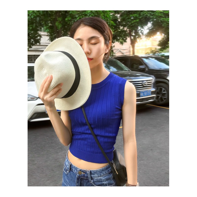 露脐短款针织带背心女夏外穿欧美紧身高腰显瘦百搭打底无袖上衣白色均码