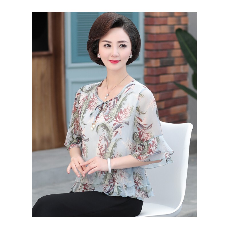 妈妈装夏装短袖T恤女雪纺上衣服中年人40-50岁中老年裤子两件套装