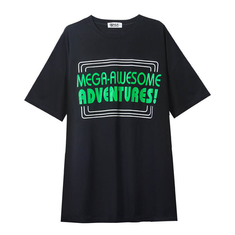 bf风中长款T恤女2018夏装韩版宽松印花字母蕾丝拼接短袖下衣失踪黑色