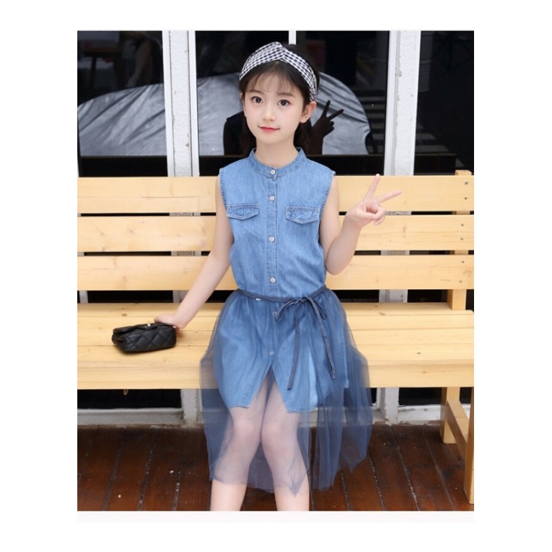 5女童牛仔套装儿童网纱裙子夏季韩版洋气牛仔外套套装裙4-6-10-12蓝色+网纱裙