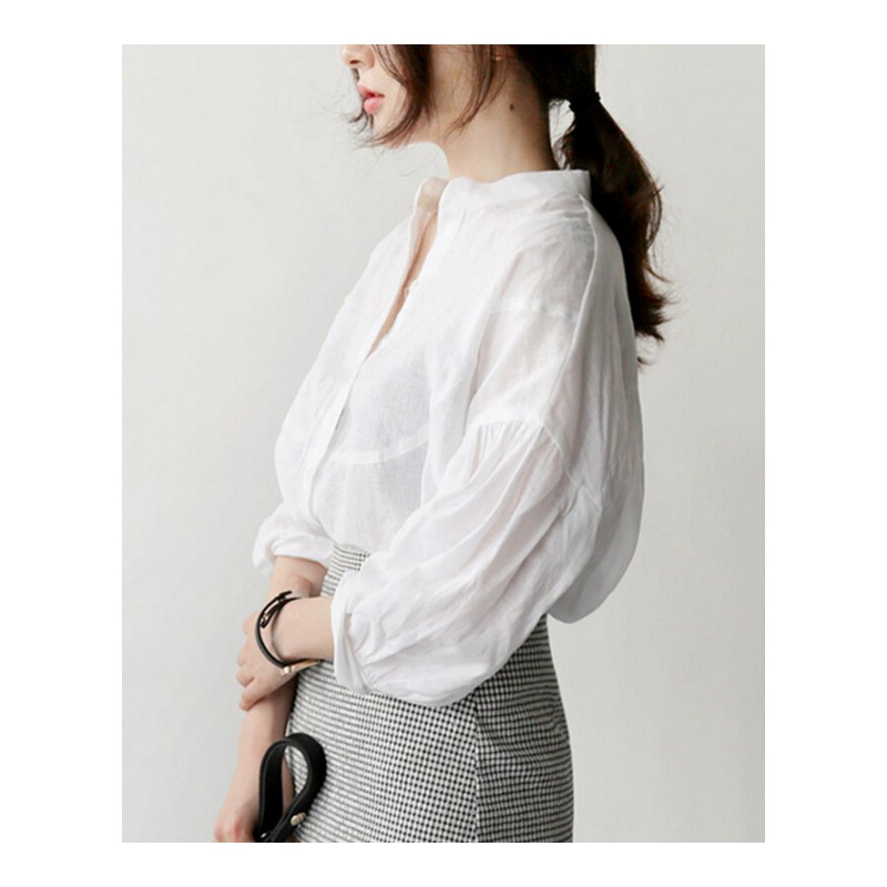 白色衬衫女夏季2018新款韩范灯笼七分袖衬衣宽松立领职业正装上衣白色拍下送带