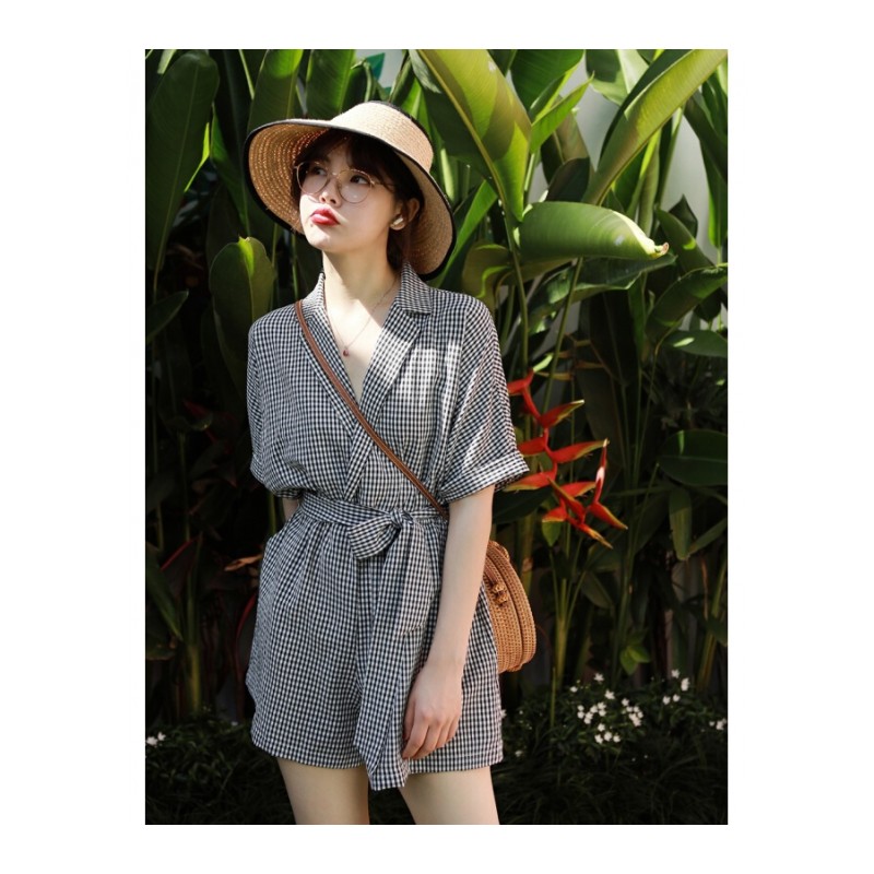 ins超火复古连衣裤女夏季新款韩版收腰显瘦短裤西装领格子连体裤黑白格原厂现货