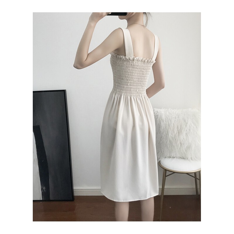 连衣裙女夏季2018新款韩版学生背带小清新收腰中长款格子带裙子黑色纯色