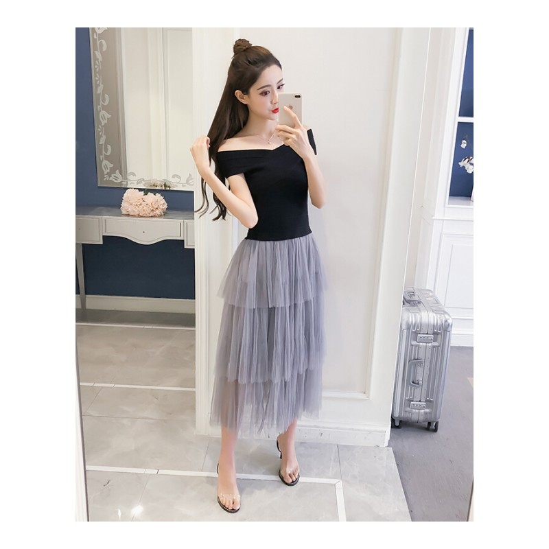 2018新款网纱一字肩中长款连衣裙女夏季修身显瘦层层裙纱裙子