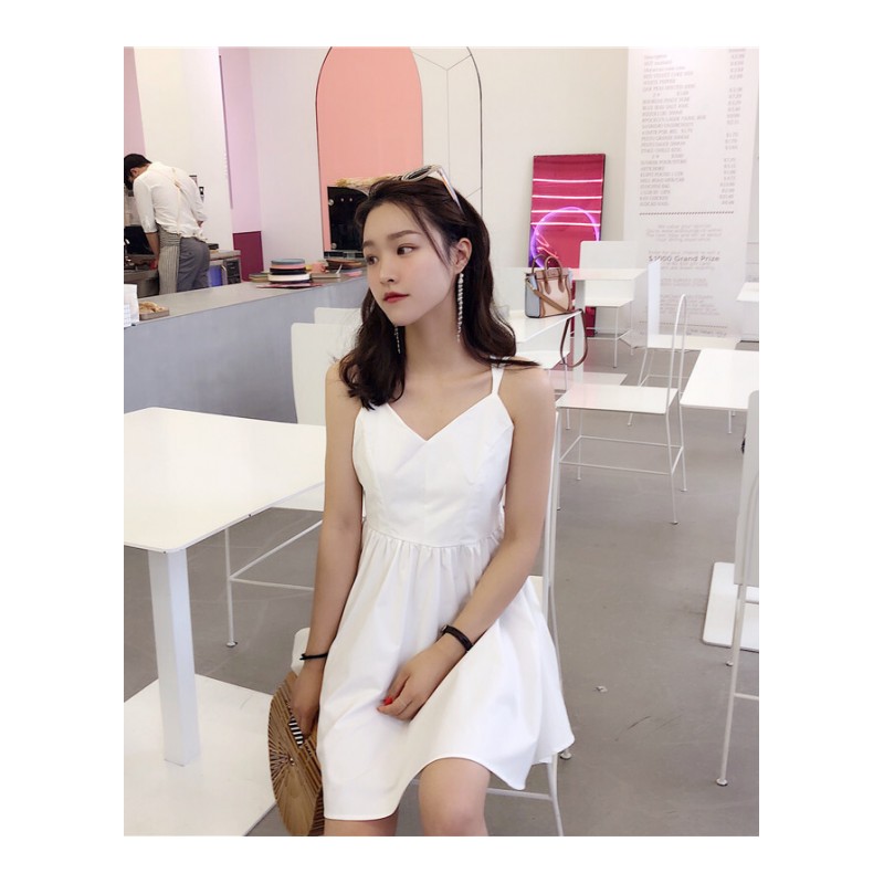 夏季女装新款纯色百搭小背后交叉露背性感V领无袖带连衣裙黑色均码