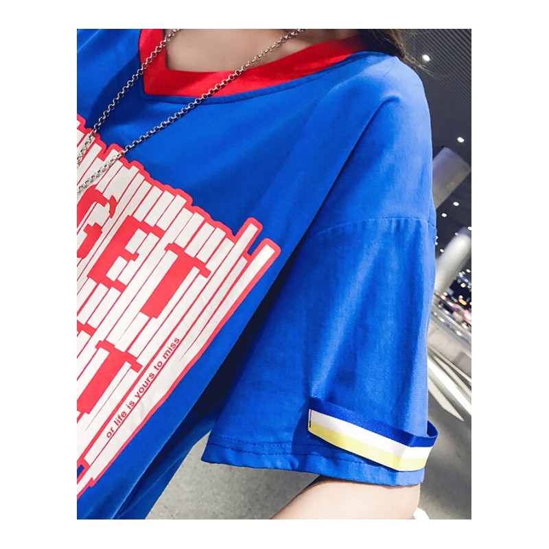 超火的2018夏装新款短袖T恤女韩版宽松中长款V领蓝色字母下衣失踪