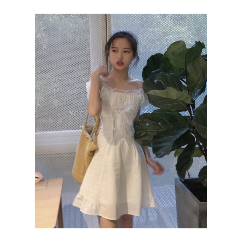 新款韩国chic仙女白色拼接网纱系带收腰一字领漏肩短袖连衣裙女白色