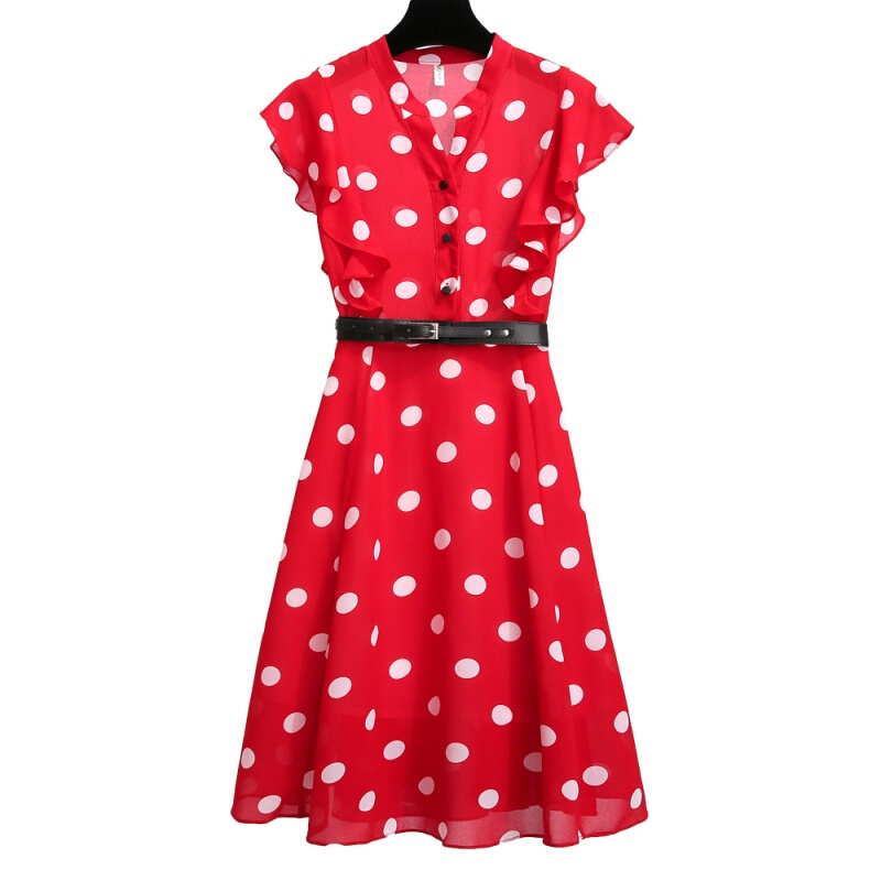 红色波点连衣裙2018新款女夏a字裙气质收腰复古V领中长款雪纺裙子红色