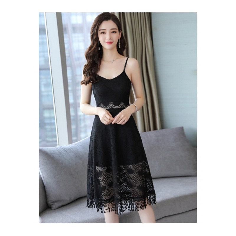 夏季蕾丝连衣裙女2018新款带流苏长裙配镂空罩衫两件套套装裙子