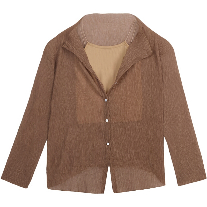 港味复古夏装新款宽松防晒长袖雪纺衬衫打底带上衣两件套女咖色(送带)均码