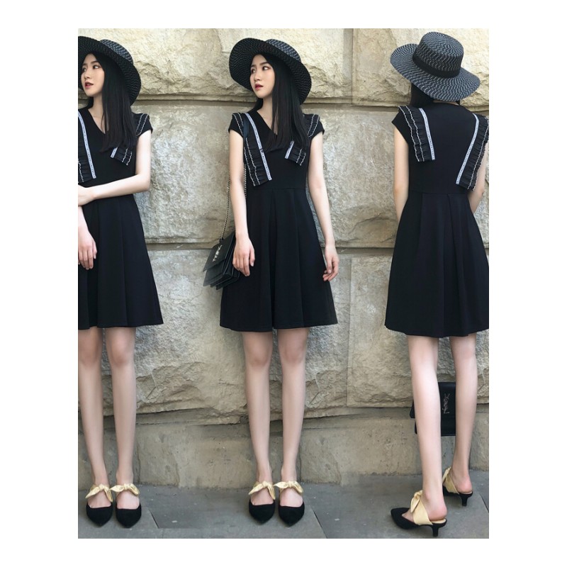 黑色连衣裙女2018新款夏装小个子高腰V领心机收腰显瘦赫本小黑裙黑色