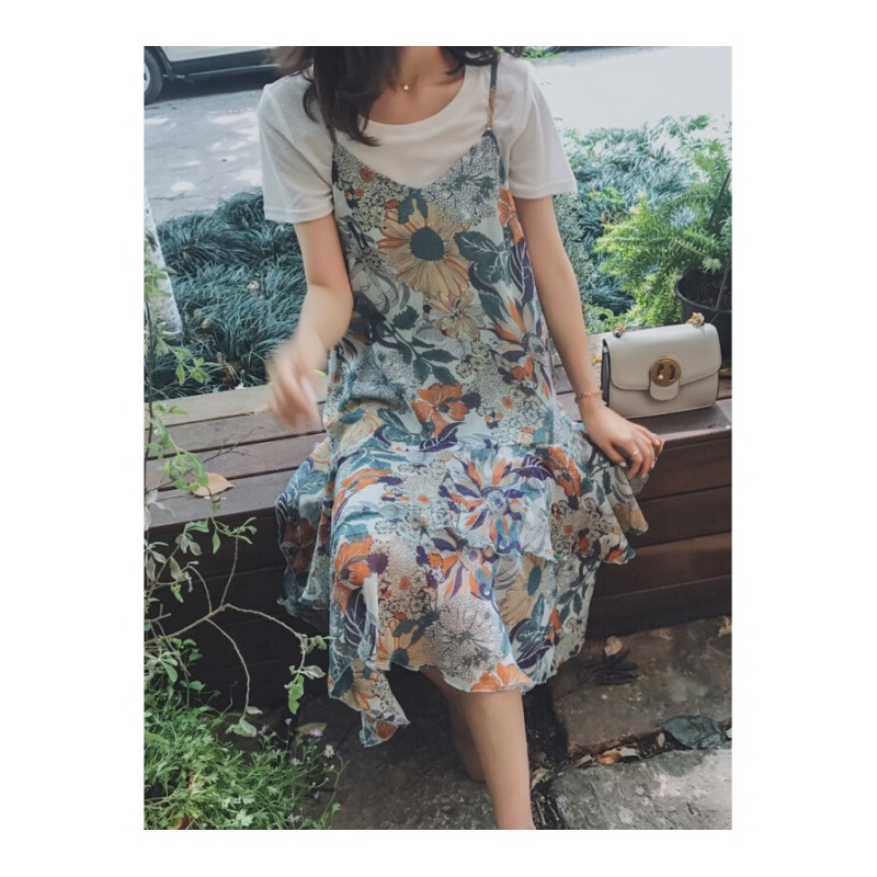 2018新款带裙女夏两件套小清新套装长裙子慵懒风碎花雪纺连衣裙