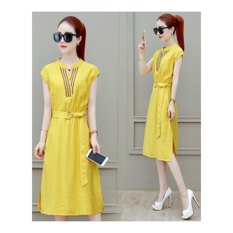 棉麻连衣裙女2018夏季新款女装气质韩版显瘦收腰港味中长款裙子潮