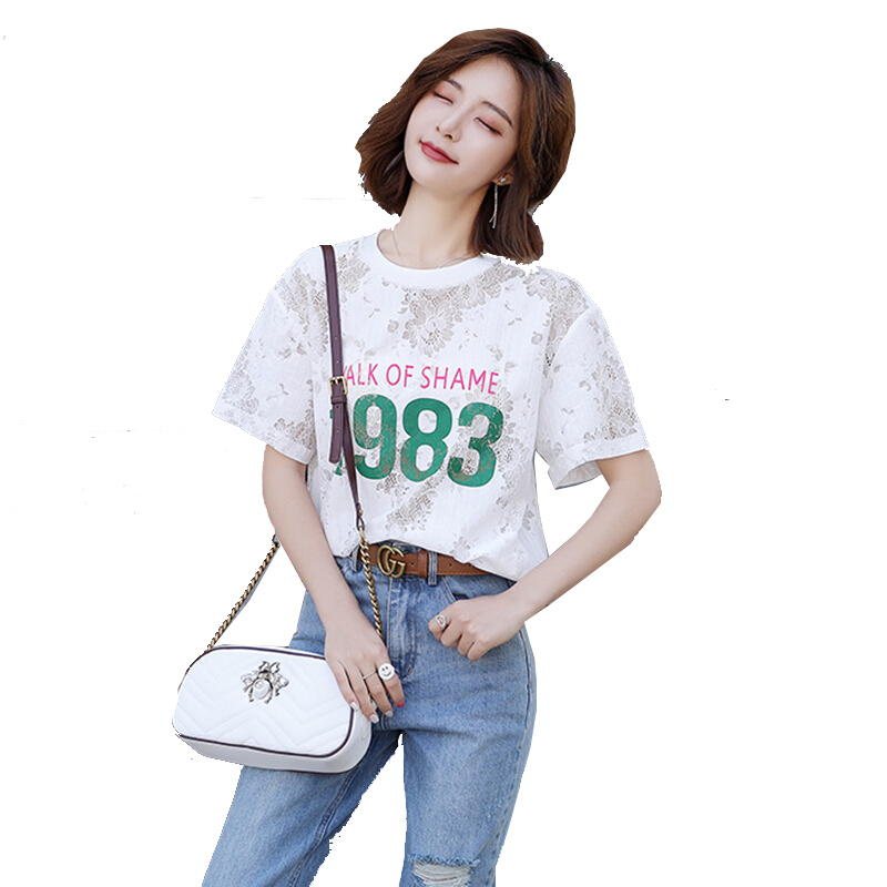 2018夏季短袖T恤女新款韩版镂空个性字母蕾丝雪纺衫 女短袖打底衫 图片色 均码