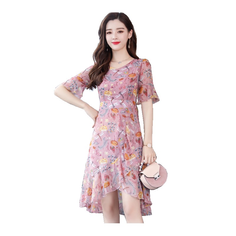 雪纺连衣裙女装夏季2018新款韩版中长款气质v领短袖碎花名媛裙子