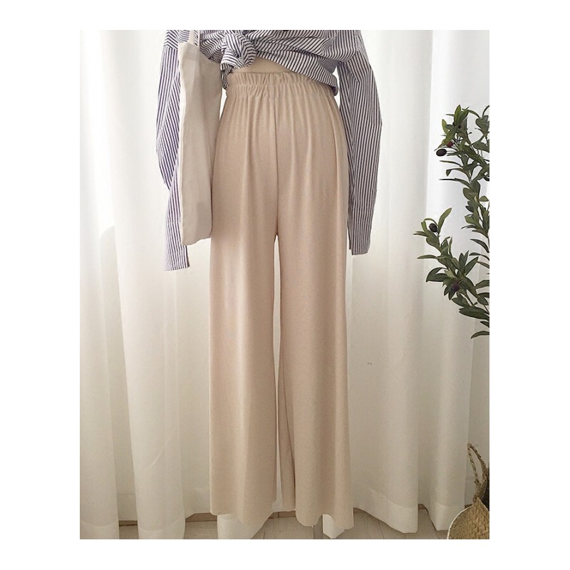 冰丝针织阔腿裤女夏高腰宽松显瘦坠感垂感复古温柔风ins休闲裤子杏色均码