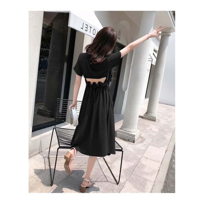 ins超火的裙子小黑裙慵懒风露背雪纺连衣裙女夏新款imiss收腰长裙黑色