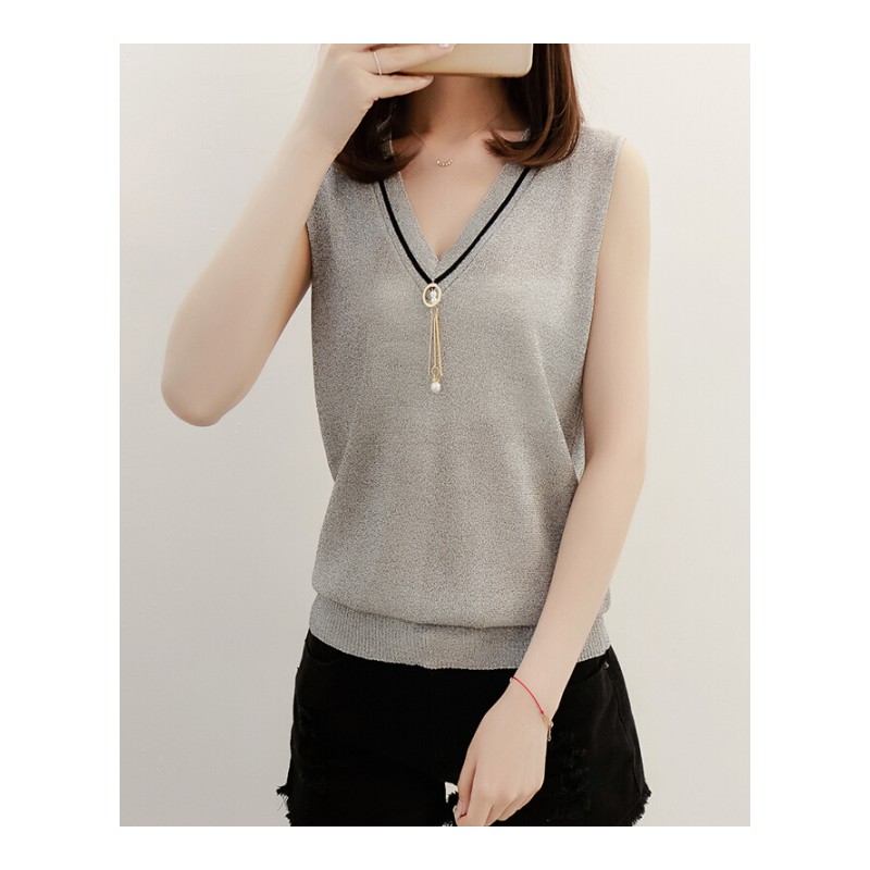 夏季新款针织带背心女V领亮丝宽松大码短款无袖T恤上衣百搭打底