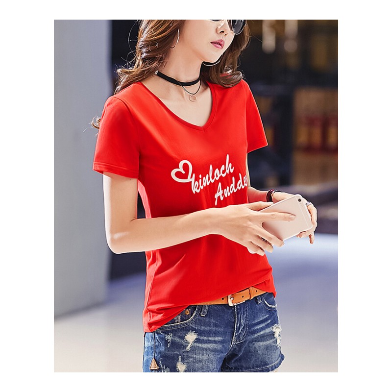 棉T恤女短袖v领夏装新款韩版显瘦简约体恤小宽松字母印花打底衫 印花红色V领 S