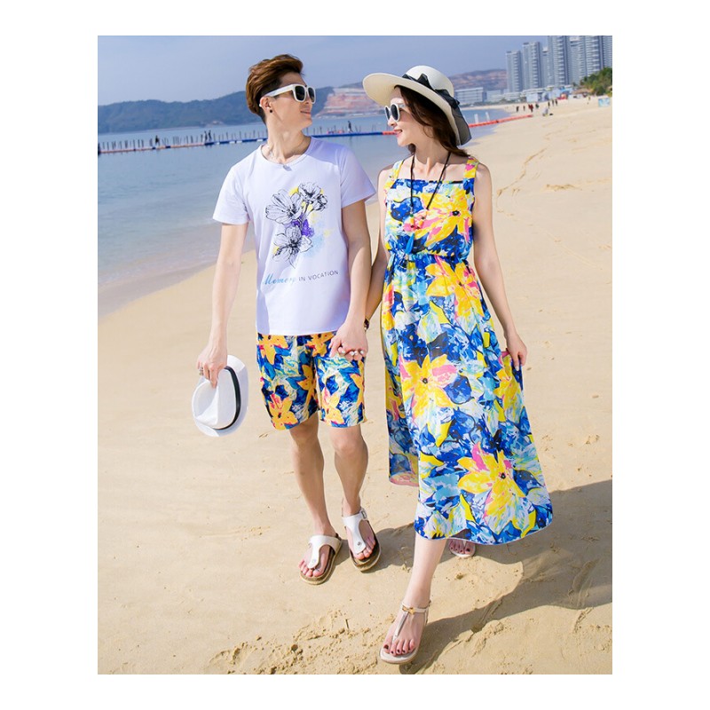 qlz沙滩情侣装夏装2018新款海边蜜月度假套装女连衣裙男短袖短裤