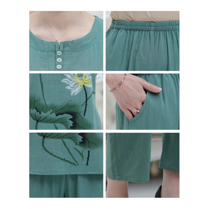 妈妈夏装棉麻套装中老年女装短袖T恤亚麻九分裤两件套老人衣服60