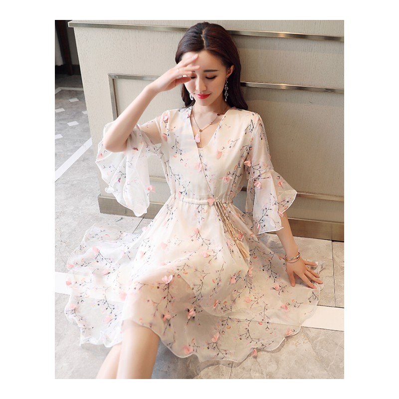 雪纺连衣裙女夏2018新款韩版印花收腰显瘦碎花仙女chic小清新裙子