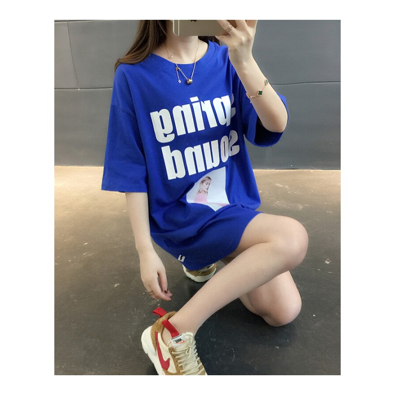 2018夏季新款韩版宽松中长款短袖T恤女圆领休闲学生半袖体恤衫潮白色均码