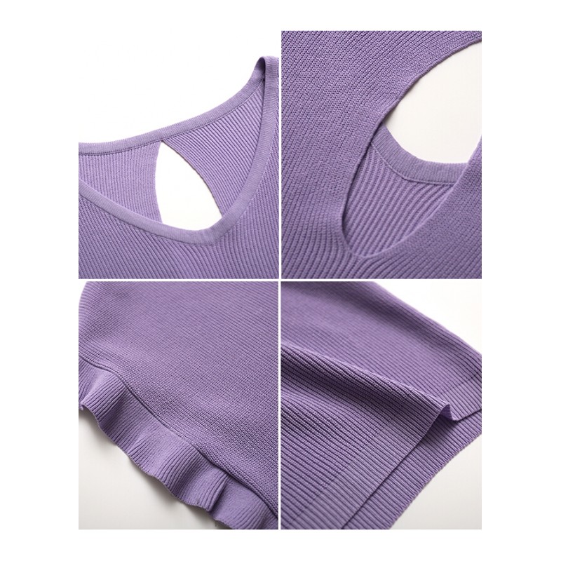 后背镂空飞飞袖冰丝针织T恤女夏装2018新款ins短袖V领紫色上衣薄白色均码