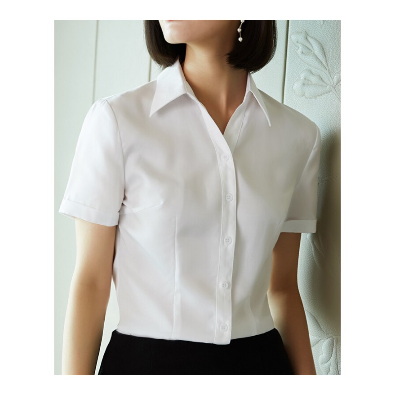 白色衬衫女V领2018夏新款职业短袖工装收腰衬衣半袖正装OL工作服白色