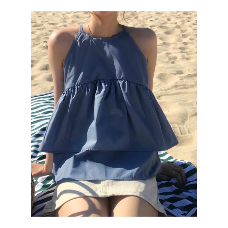 夏装韩国性感无袖带背心女双层荷叶边露肩打底百搭宽松上衣绿色均码