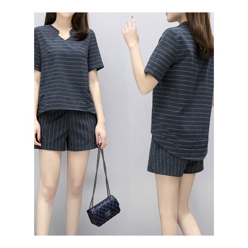 矮个子时尚棉麻套装女夏2018新款韩版大码胖人宽松条纹亚麻两件套