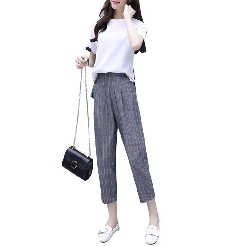 晚晚风套装女2018新款女装裤子亚麻短袖上衣七分裤休闲时尚两件套图片色