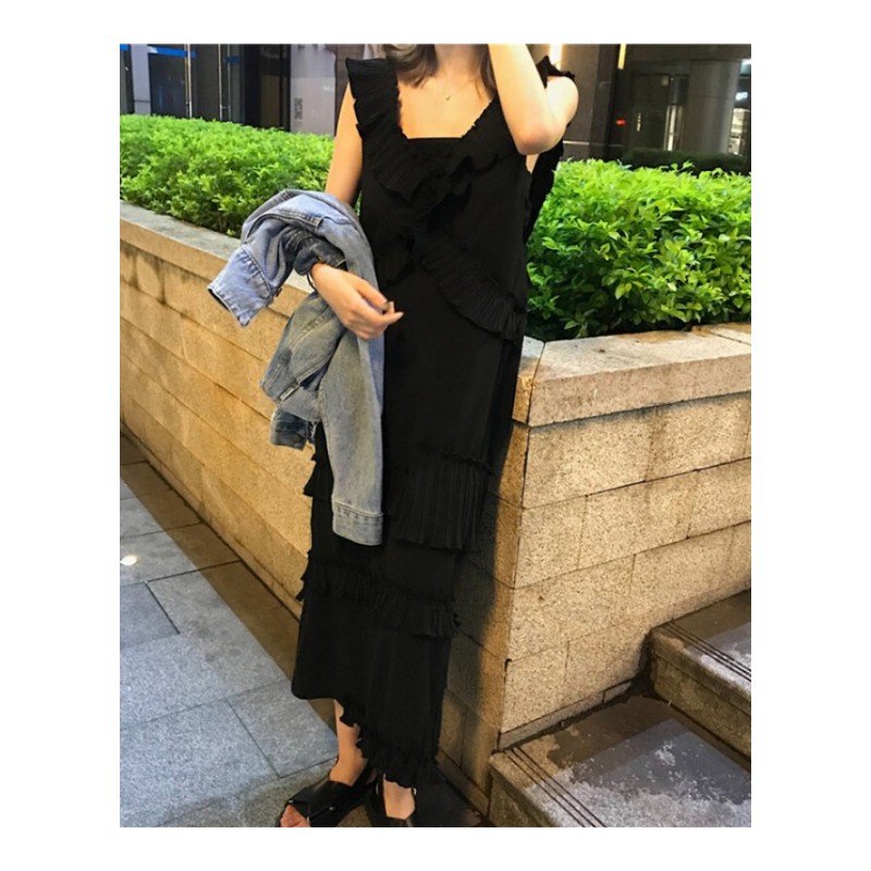 夏季2018新款气质百搭韩系无袖露背层层裙大V领纯色连衣裙女黑色均码
