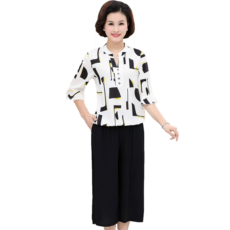 妈妈夏装套装女30-40岁中年女装雪纺衫50岁两件套2018夏气质衣服白色XL(建议110斤以内)