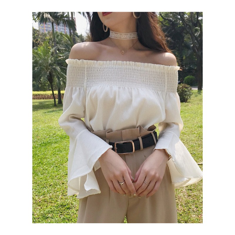 衬衫女夏装韩版女装复古一字领露肩长袖荷花边宽松雪纺上衣潮黑色均码(160/84A)