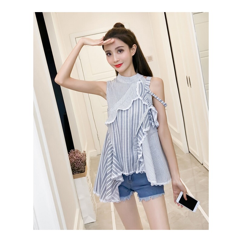 夏季新款个性拼接不规则条纹衬衫ins超火性感露肩小心机上衣女装图片色